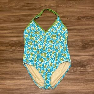 Lands End one-piece halter‎ neck in blue and green design